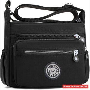 Nylon Crossbody Bag with 10 Pockets, Water-Resistant, Adjustable Strap